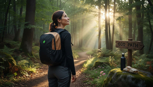 Hiker with eco-friendly backpack in forest