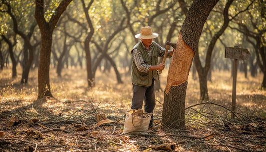 Cork oak forest with worker harvesting bark