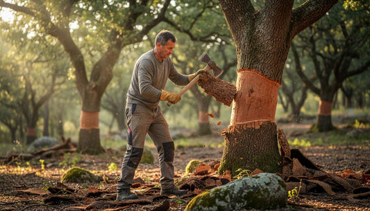 Farmer harvesting cork from oak tree