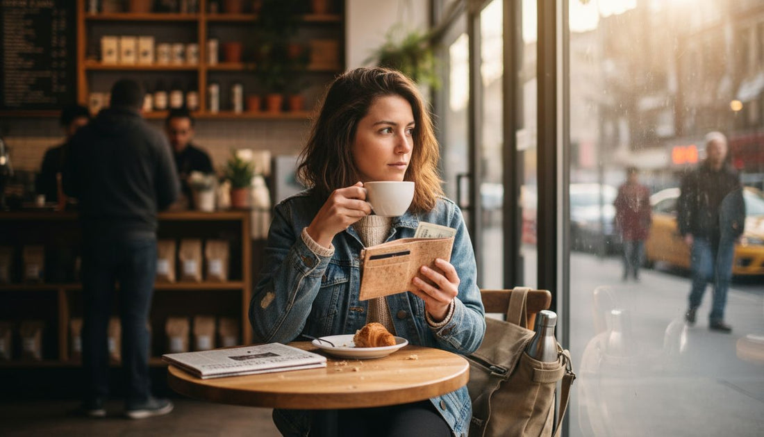 Woman with cork vegan wallet at café window