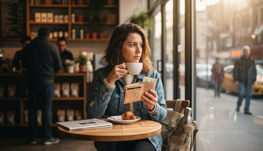 Woman with cork vegan wallet at café window