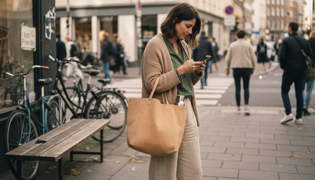 Woman walking with cork tote bag in city