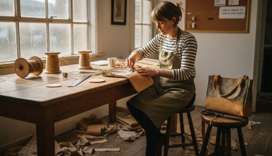 Artisan assembling eco handbag in workshop