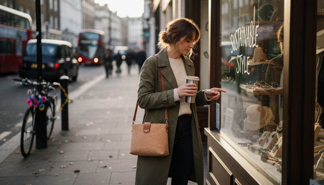 Woman examining cork bag outside eco boutique
