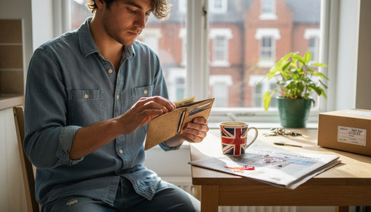 Man examining cork wallet in apartment