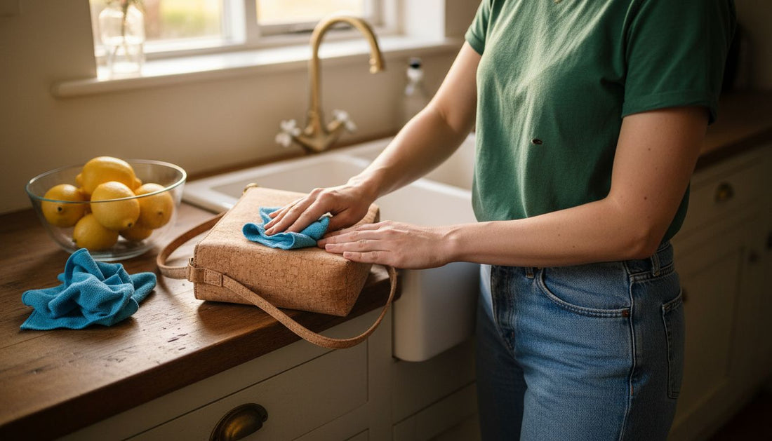 Woman cleaning cork handbag on kitchen counter