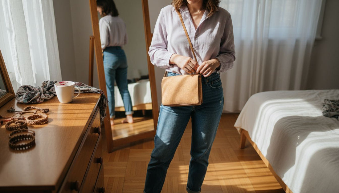 Woman pairing cork bag with outfit