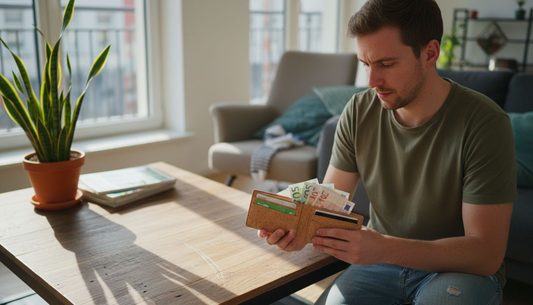 Young man with cork wallet in sunlit apartment