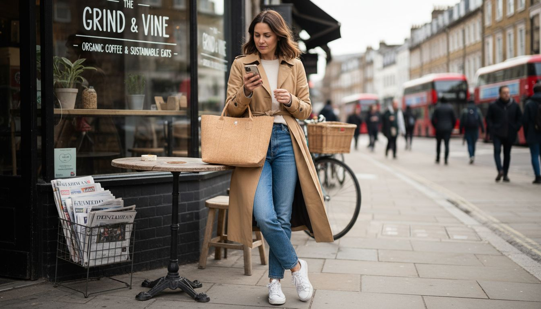 Woman with eco-friendly vegan tote bag in London