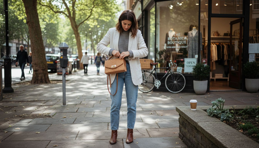 Woman stylishly wearing cork bag outdoors