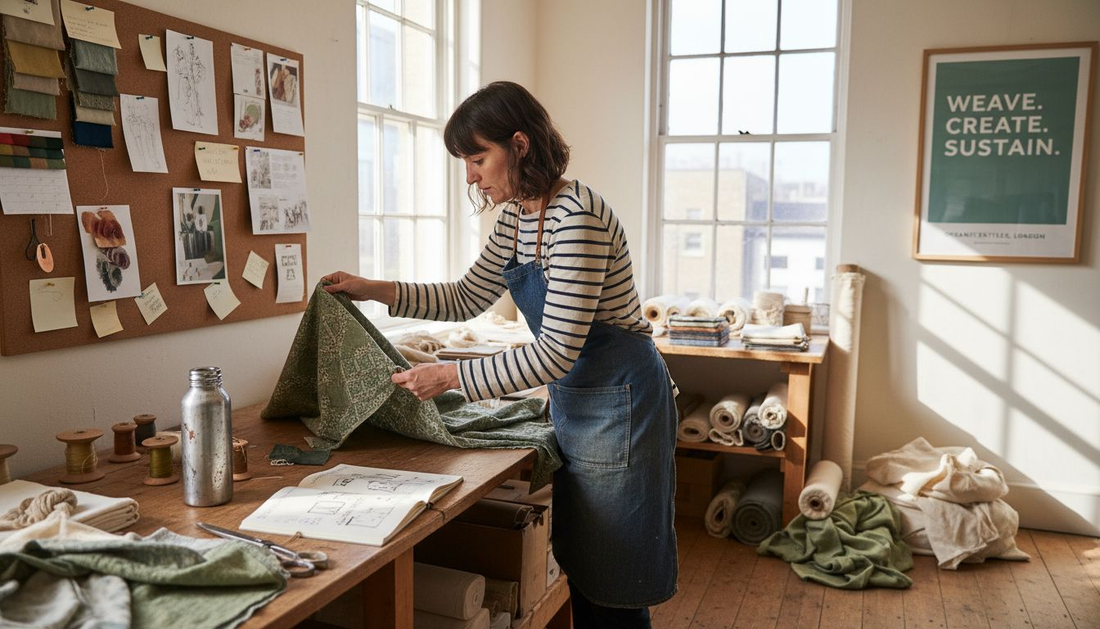 Designer reviewing eco-friendly fabrics in studio