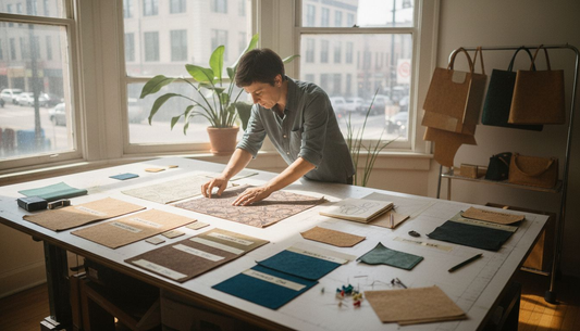 Designer working with cork fabrics in studio