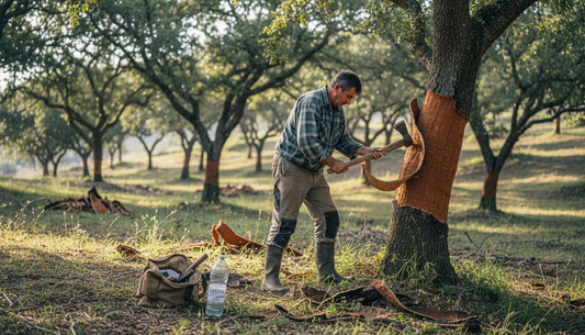 Cork harvester strips bark in oak forest