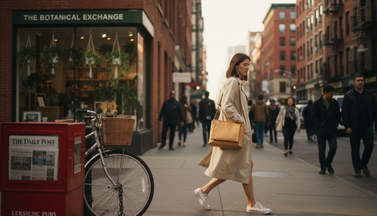 Woman walking with cork bag in city