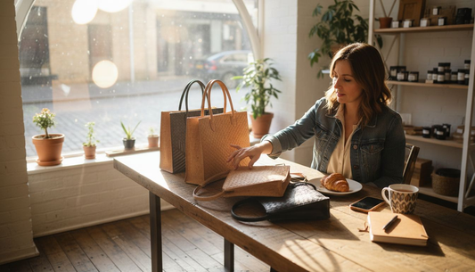 Woman browsing selection of cork handbags in sunlight