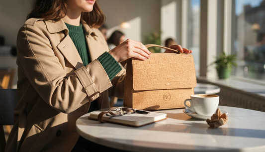 Woman setting vegan purse on sunlit café table