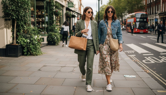 Urban scene with women carrying plant-based bags