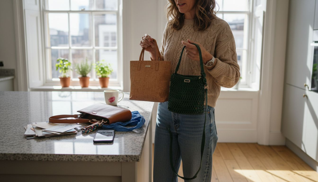 Woman comparing cork and vegan purses at kitchen island
