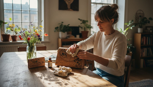 Woman cleaning cork handbag at home