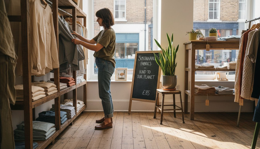 Woman arranging shirts in eco-friendly fashion boutique