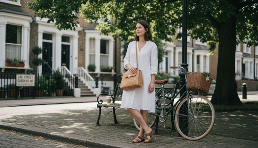 Woman styles cork bag street outfit