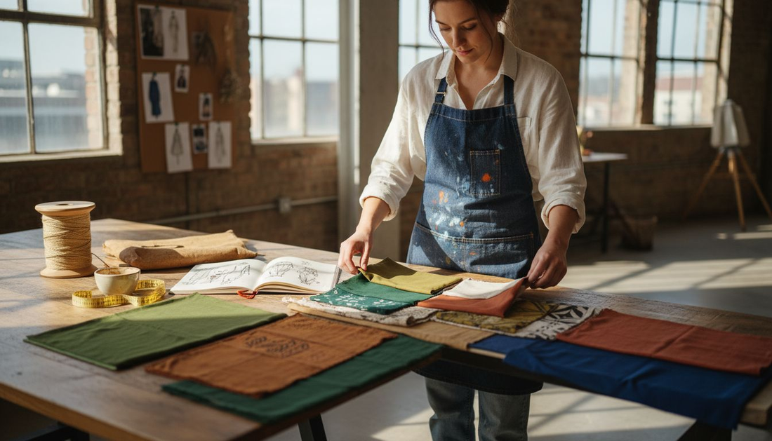 Designer with eco-friendly fabrics in studio