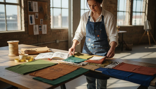 Designer with eco-friendly fabrics in studio