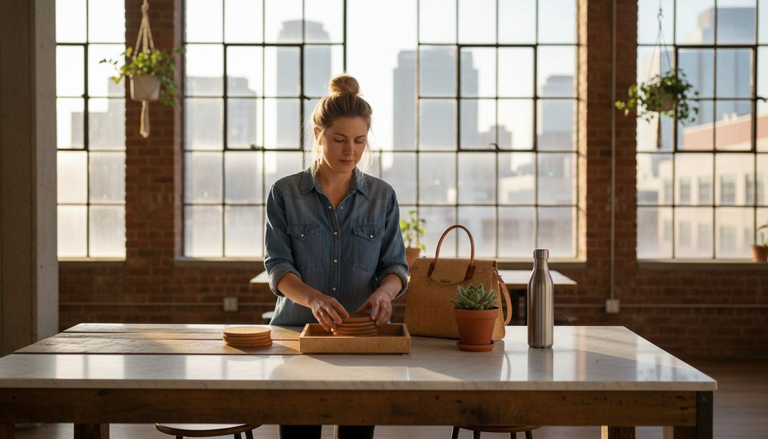 Woman arranging cork products in bright kitchen