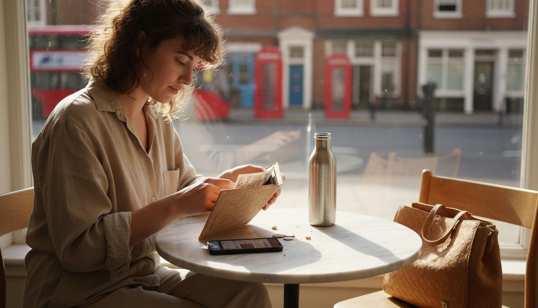 Woman examines cork wallet and handbag