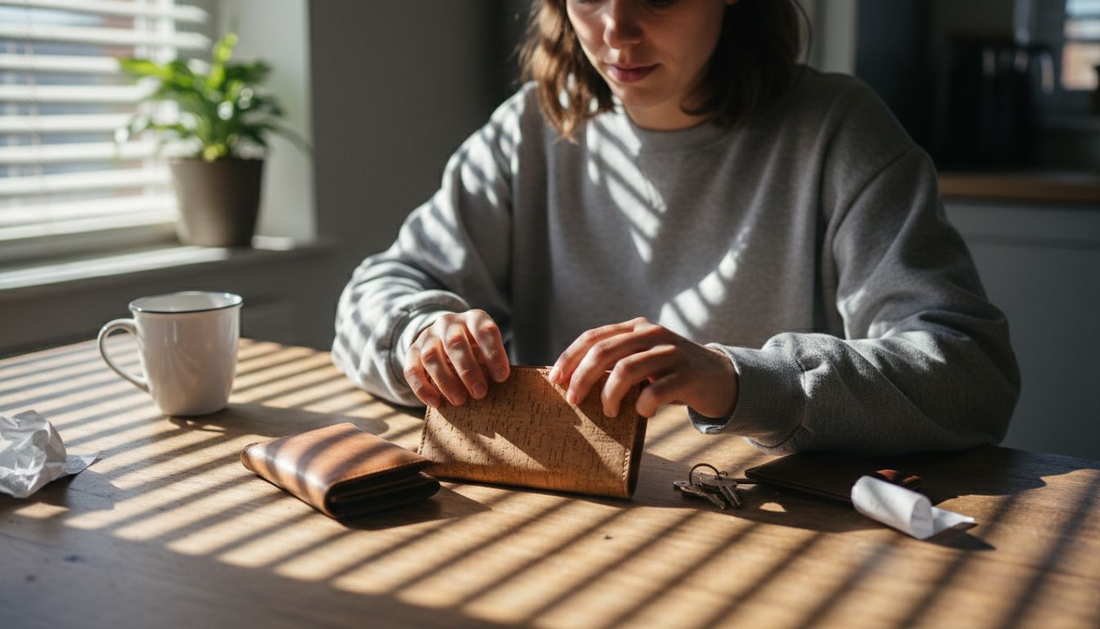 Woman comparing cork and leather wallets