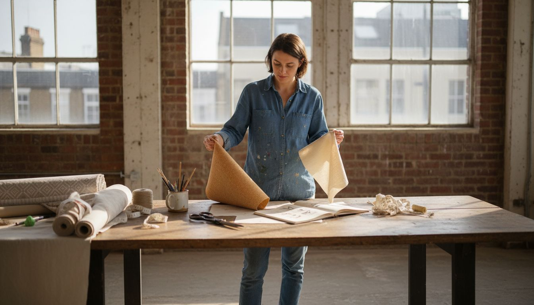 Designer working with cork and cotton fabric
