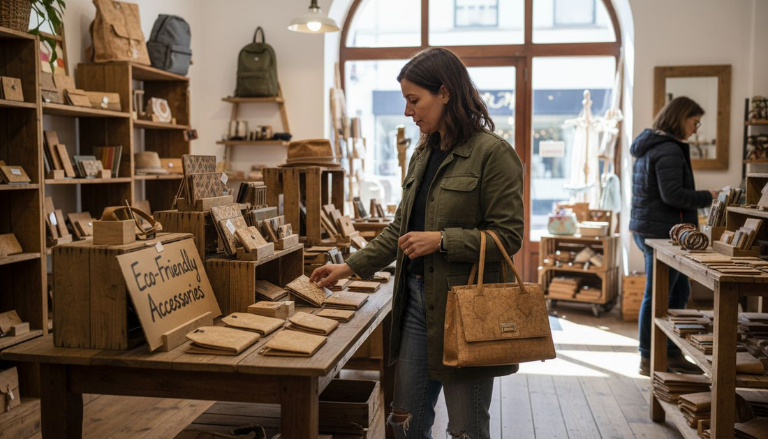 Shopper examines cork eco-friendly accessories