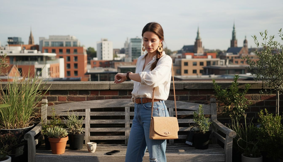 Woman showcasing cork accessories on city rooftop