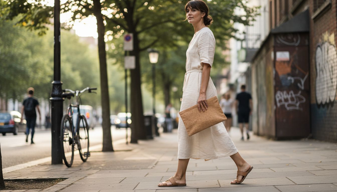 Stylish woman carrying cork clutch on city sidewalk