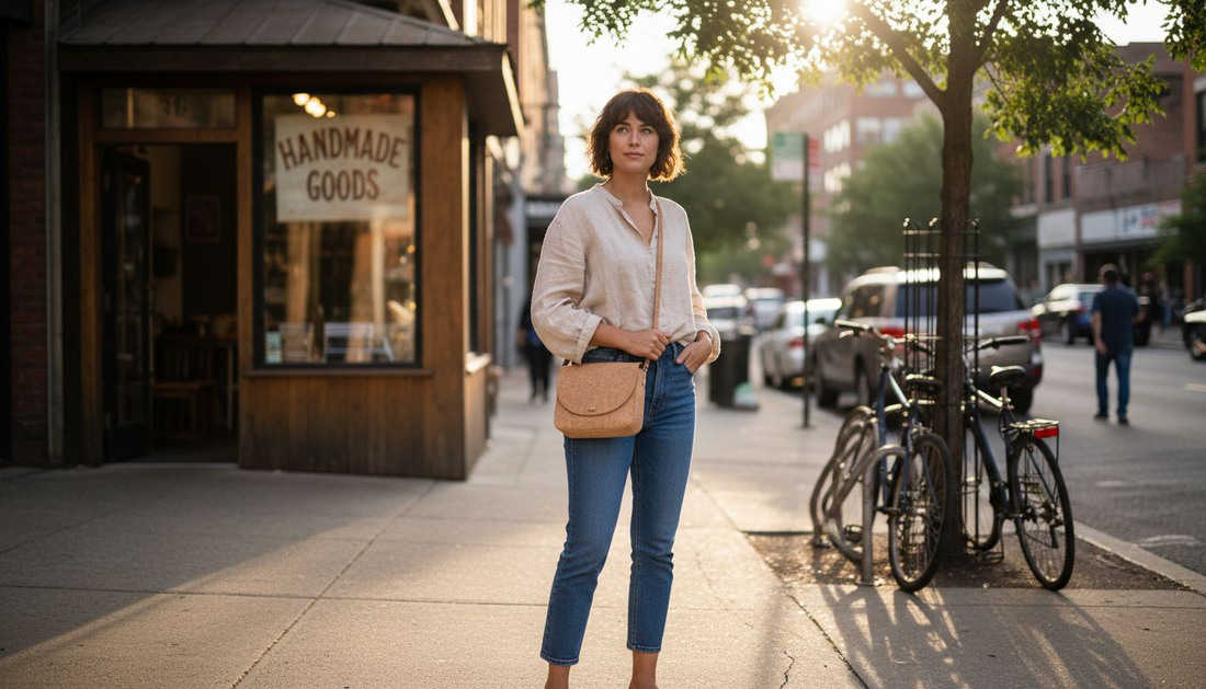 Woman with cork eco purse on city sidewalk