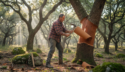 Cork harvester working in sunlit forest