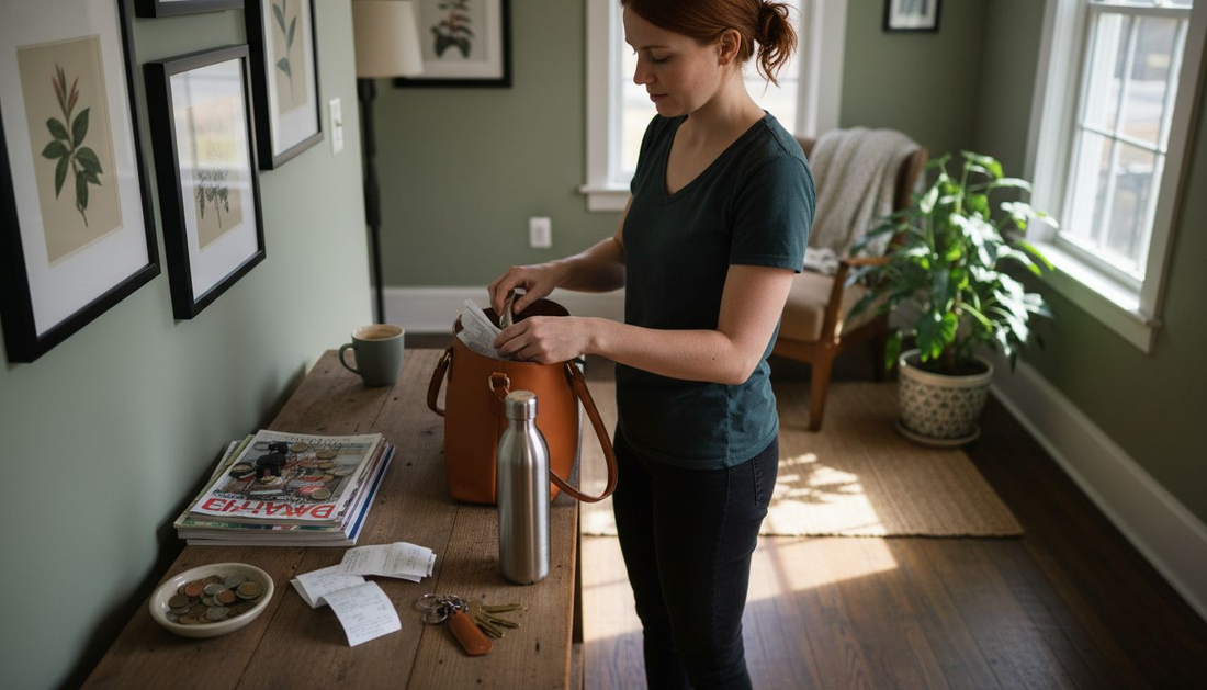 Woman emptying vegan handbag at home