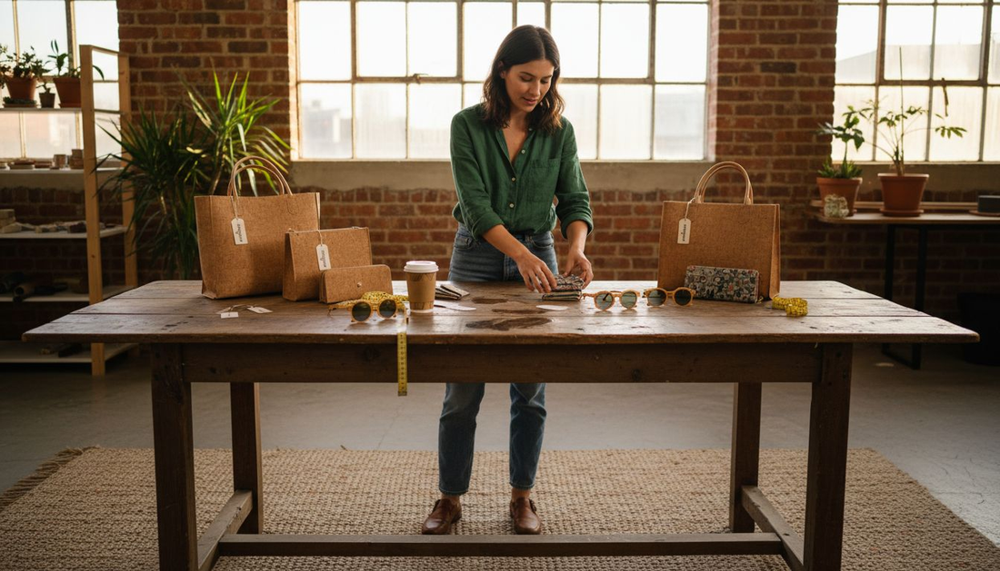Woman arranging eco-friendly accessories on table