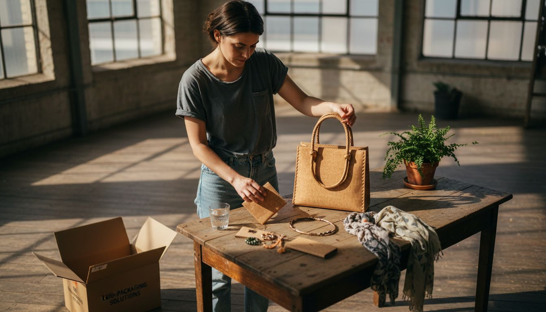 Arranging sustainable fashion accessories on table