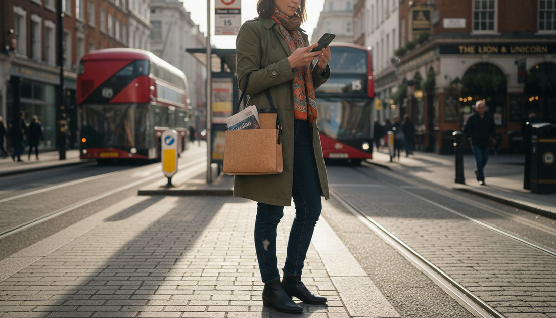 Woman with cork bag on city street