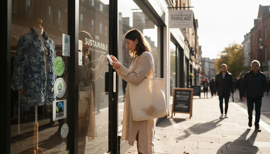 Woman reading eco-friendly boutique label outdoors