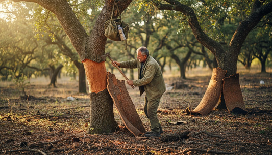 Forestry worker harvesting cork in oak grove