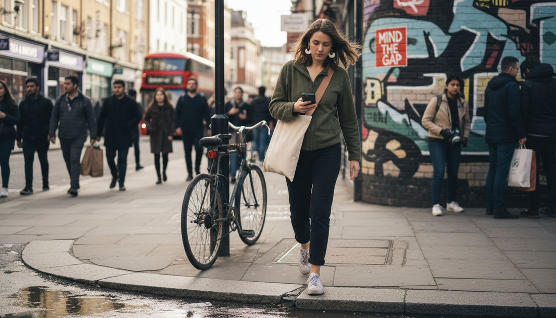 Woman with sustainable accessories walking in city