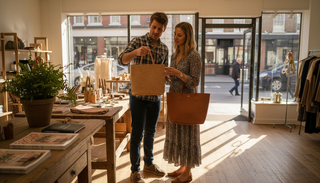 Comparing cork and leather bags in shop