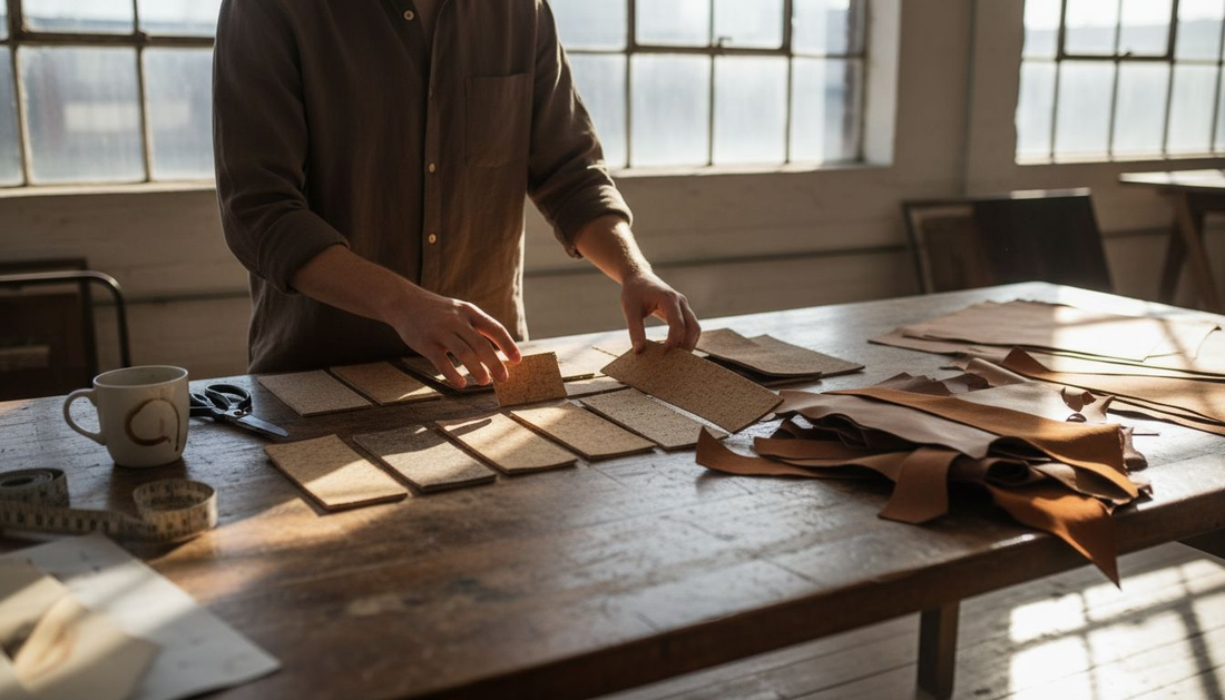 Designer comparing cork and traditional leather