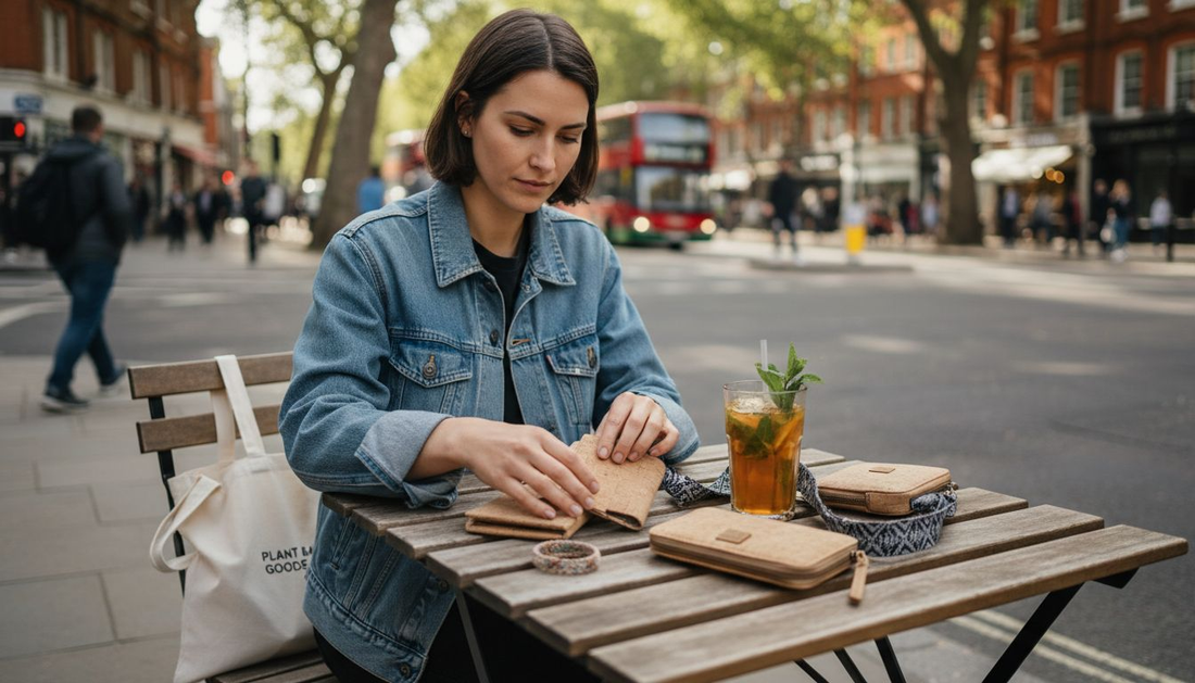 Woman organizing eco-friendly accessories at street café
