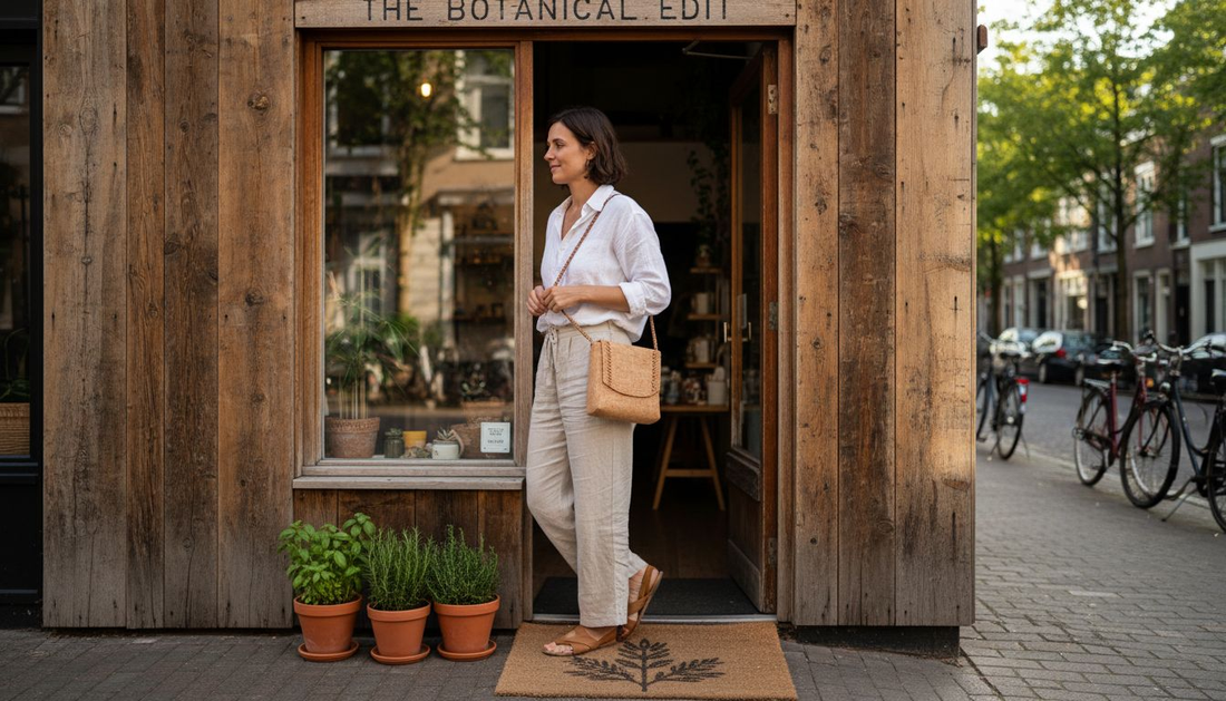 Woman with cork bag in sunlit boutique entrance