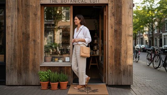 Woman with cork bag in sunlit boutique entrance