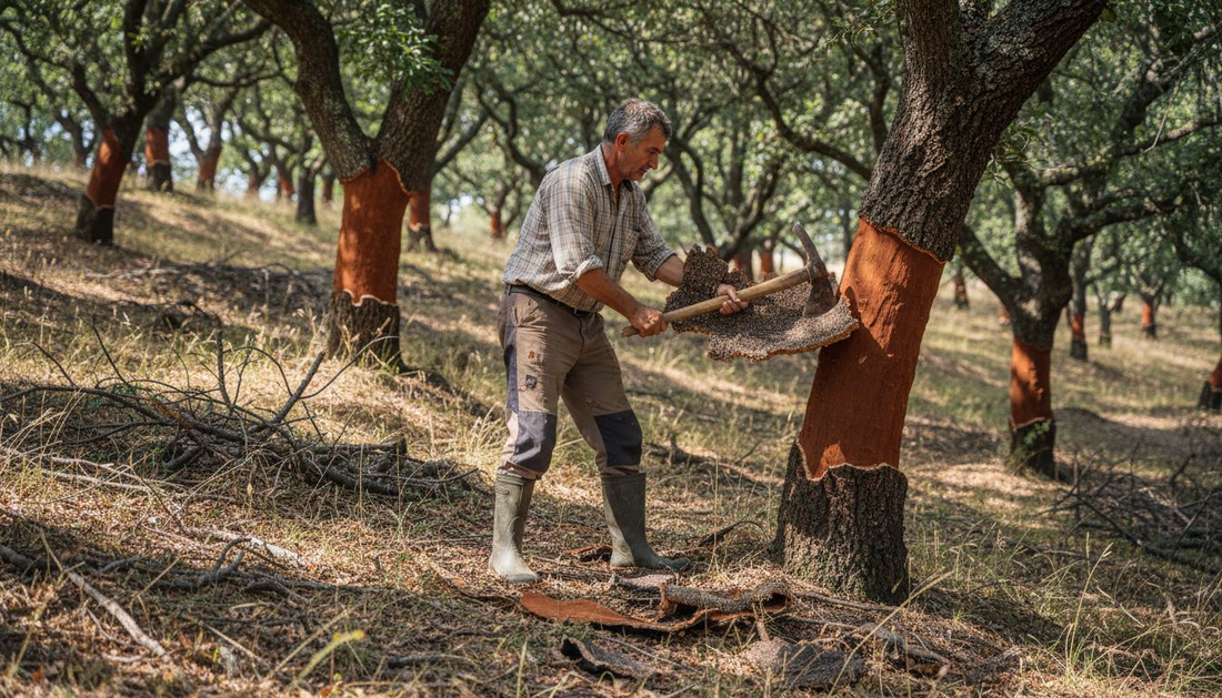 Harvesting cork bark in Mediterranean forest