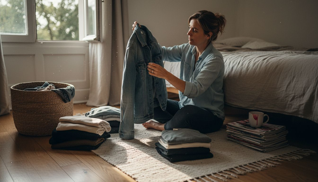 Woman sorting clothes in bright bedroom